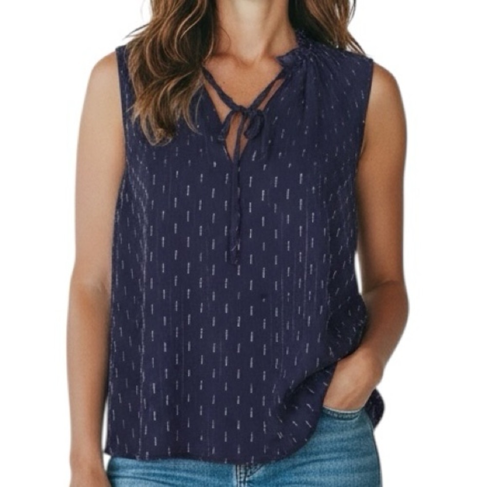 NWT SANCTUARY Navy Printed Tie Ruffle Neck Sleeveless Blouse Size Large